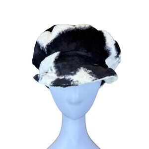 Cow Print Faux Fur Womens Black & White Beret Hat Soft Lined Stylish Lightweight